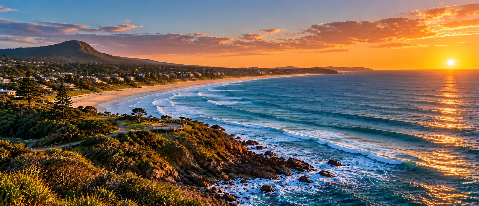 Approved AI-generated Coolum Beach and Point Perry-inspired coastal panorama at golden hour
